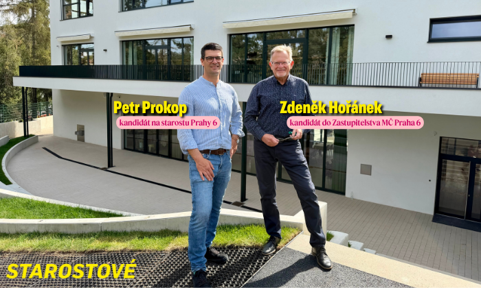 Školství je naší prioritou: Na Praze 6 jsme otevřeli novou energeticky úspornou školu a školku inspirovanou Skandinávií 1 Petr Prokop, kandidát na starostu a Zdeněk Hořánek, kandidát do Zastupitelstva MČ Praha 6 před novou školní budovou v ulici Na Kocínce | Starostové